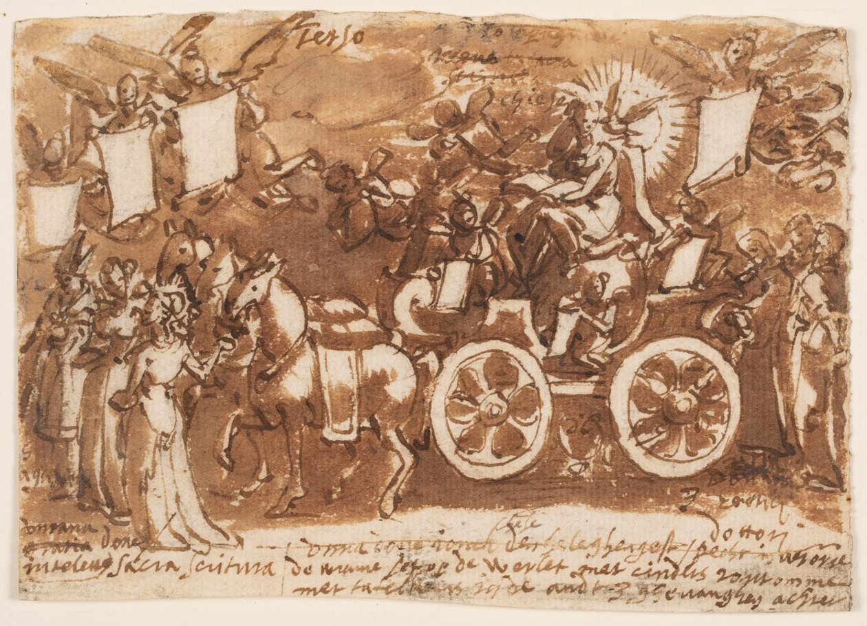 Pagina van een schetsboek; Strijdwagen en drie paarden door Jan van der Straet, called Stradanus