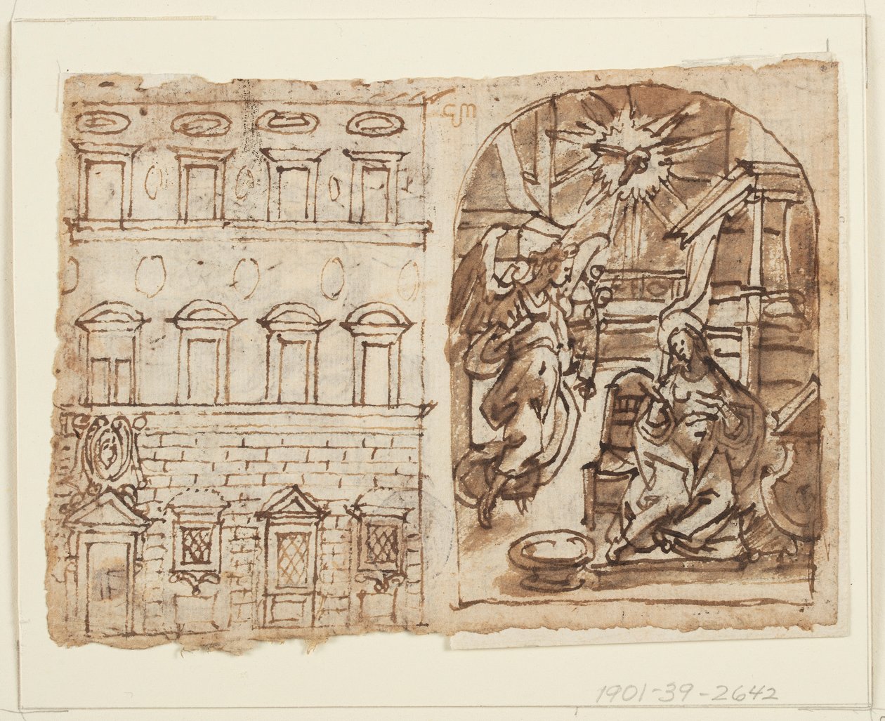 Pagina van een schetsboek; Elevatie van paleis, Annunciatie, Laatste Avondmaal door Jan van der Straet, called Stradanus