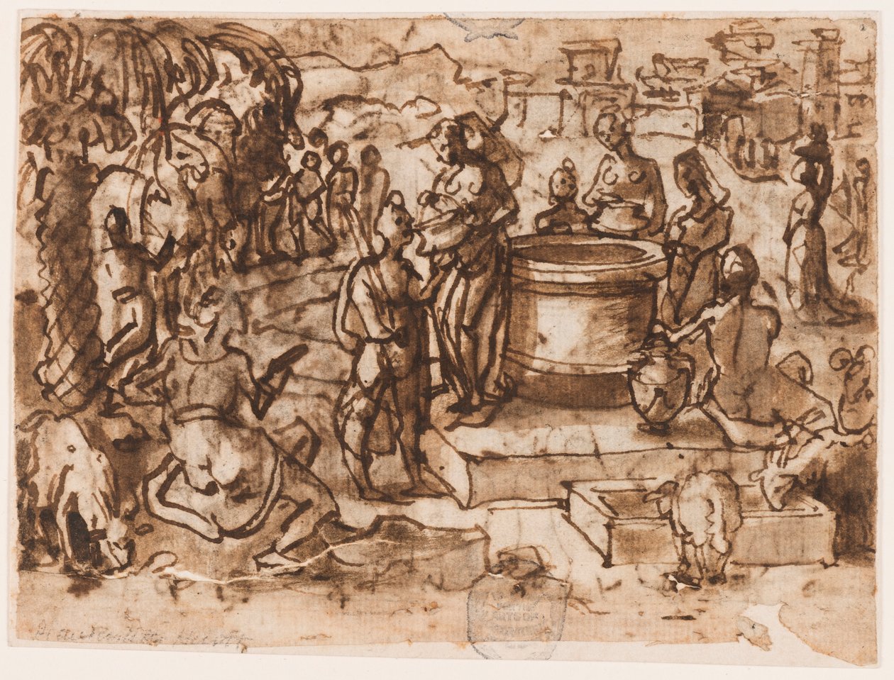 Pagina uit een schetsboek; Mozes en de dochters van Jethro door Jan van der Straet, called Stradanus