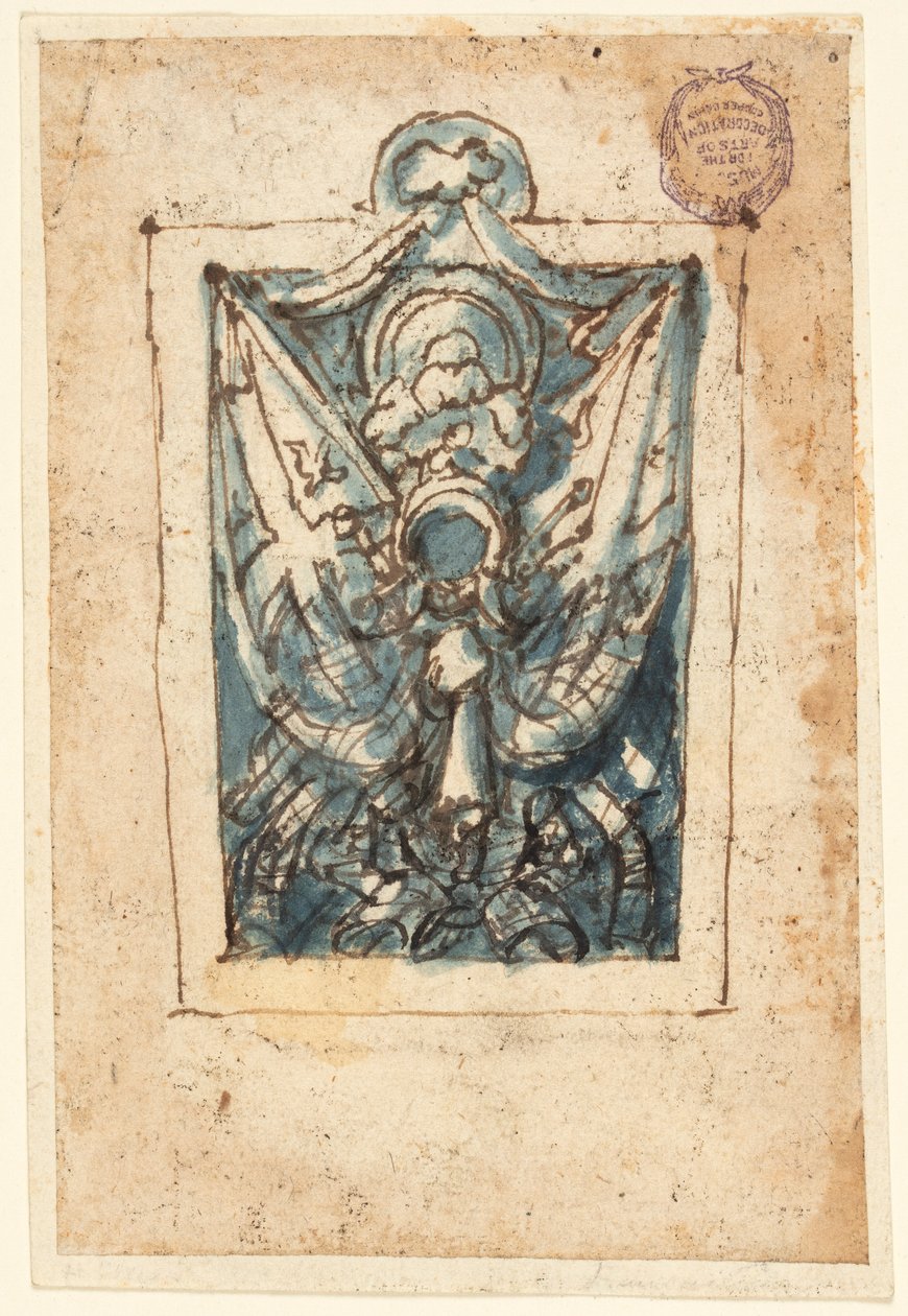Pagina van een Schetsboek; Trofee van Wapens door Jan van der Straet, called Stradanus
