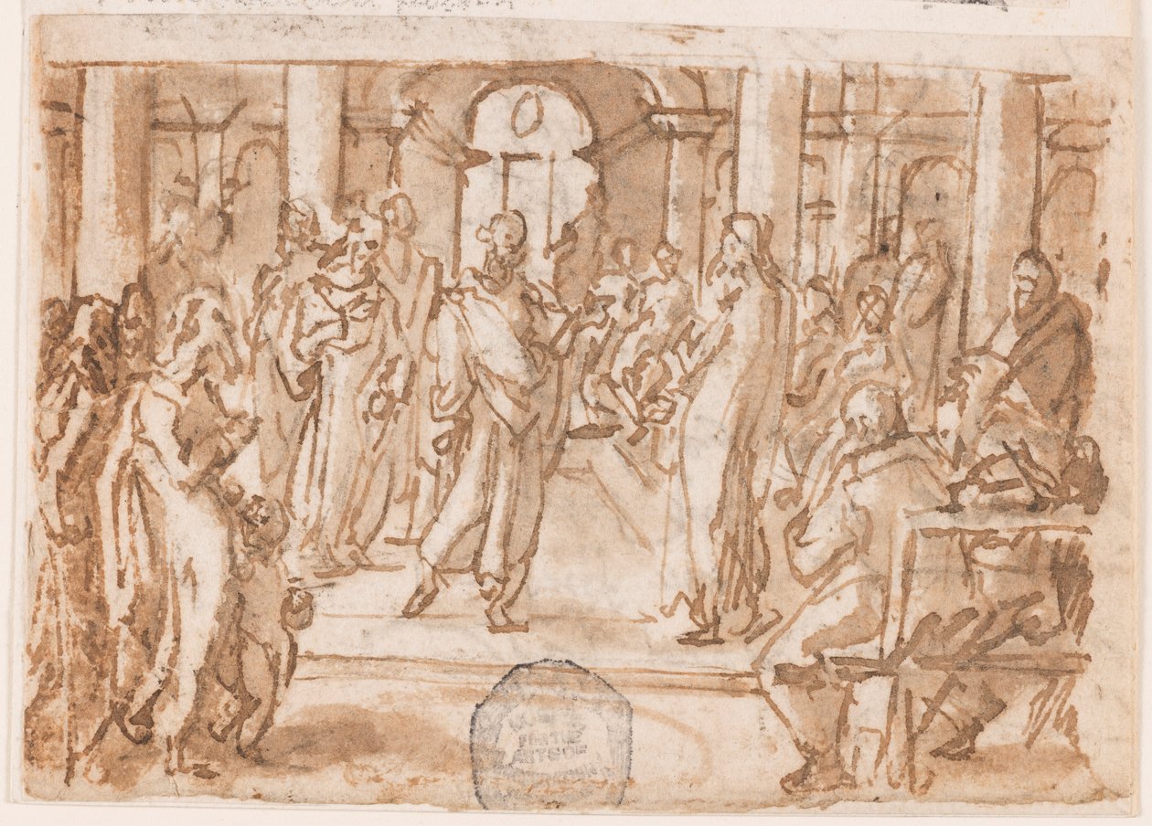 Petrus en Johannes ondervraagd door de Hoge Raad, voorlopige ontwerp voor "Spiritus Scientiae" (De Geest van Wetenschap), plaat 5 in de "Zeven Gaven van de Heilige Geest" prentserie door Jan van der Straet, called Stradanus