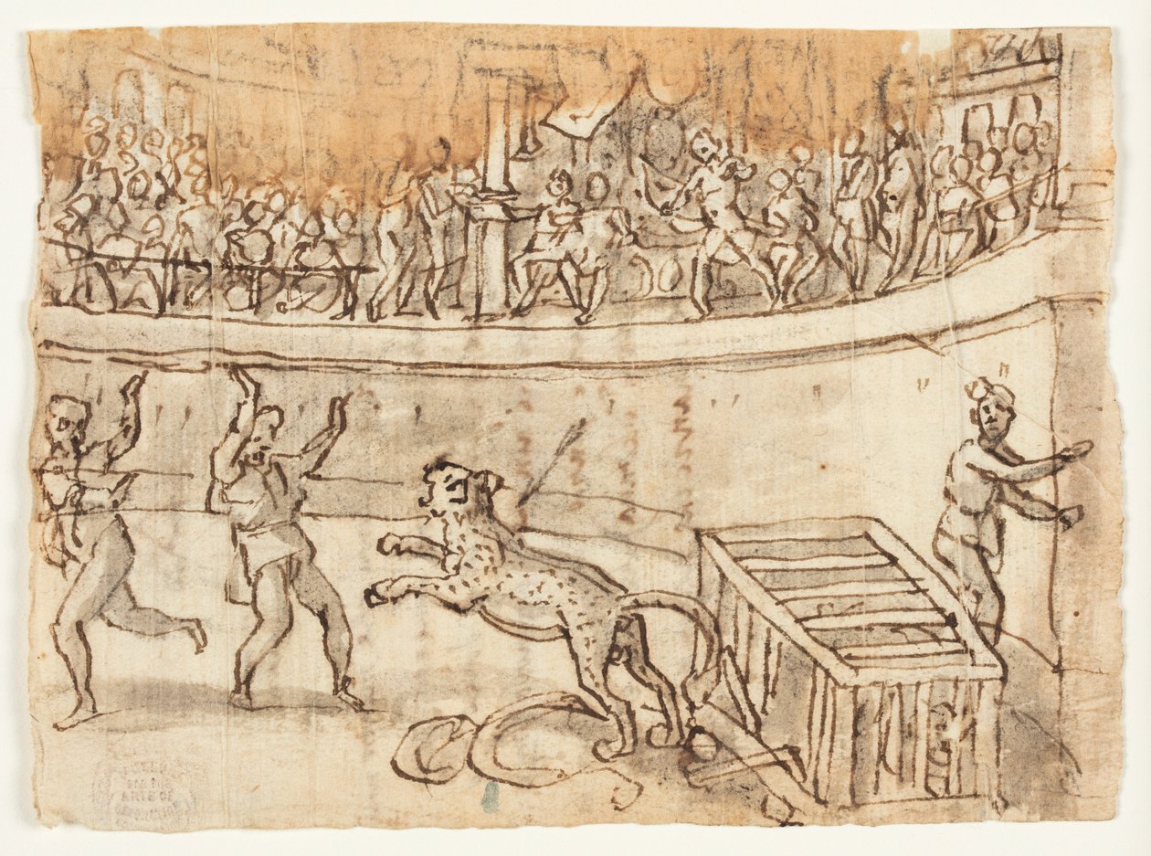 Recto: Keizer Commodus die een luipaard doodt; Verso: Schets door Luigi Alamanni, en inscriptie in zijn hand met betrekking tot Herodianus