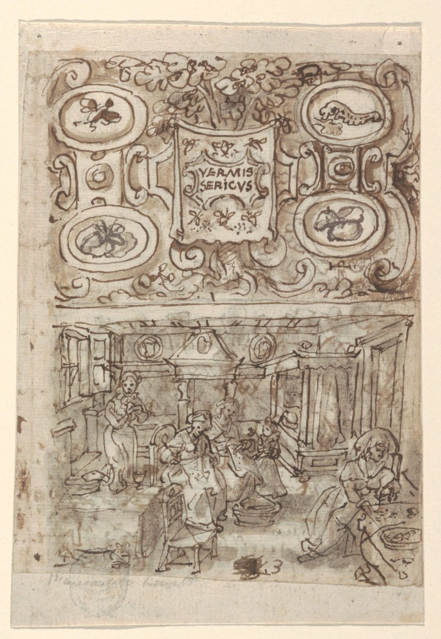 Recto, boven: Voorlopig ontwerp voor titelpagina van Vermis Sericus ("De introductie van de zijderups") printserie; Recto, onder: Voorlopig ontwerp voor pl. 3 (De incubatie van zijderupseieren); Verso, boven: Onvolledig voorlopig ontwerp voor titelpagina door Jan van der Straet, called Stradanus