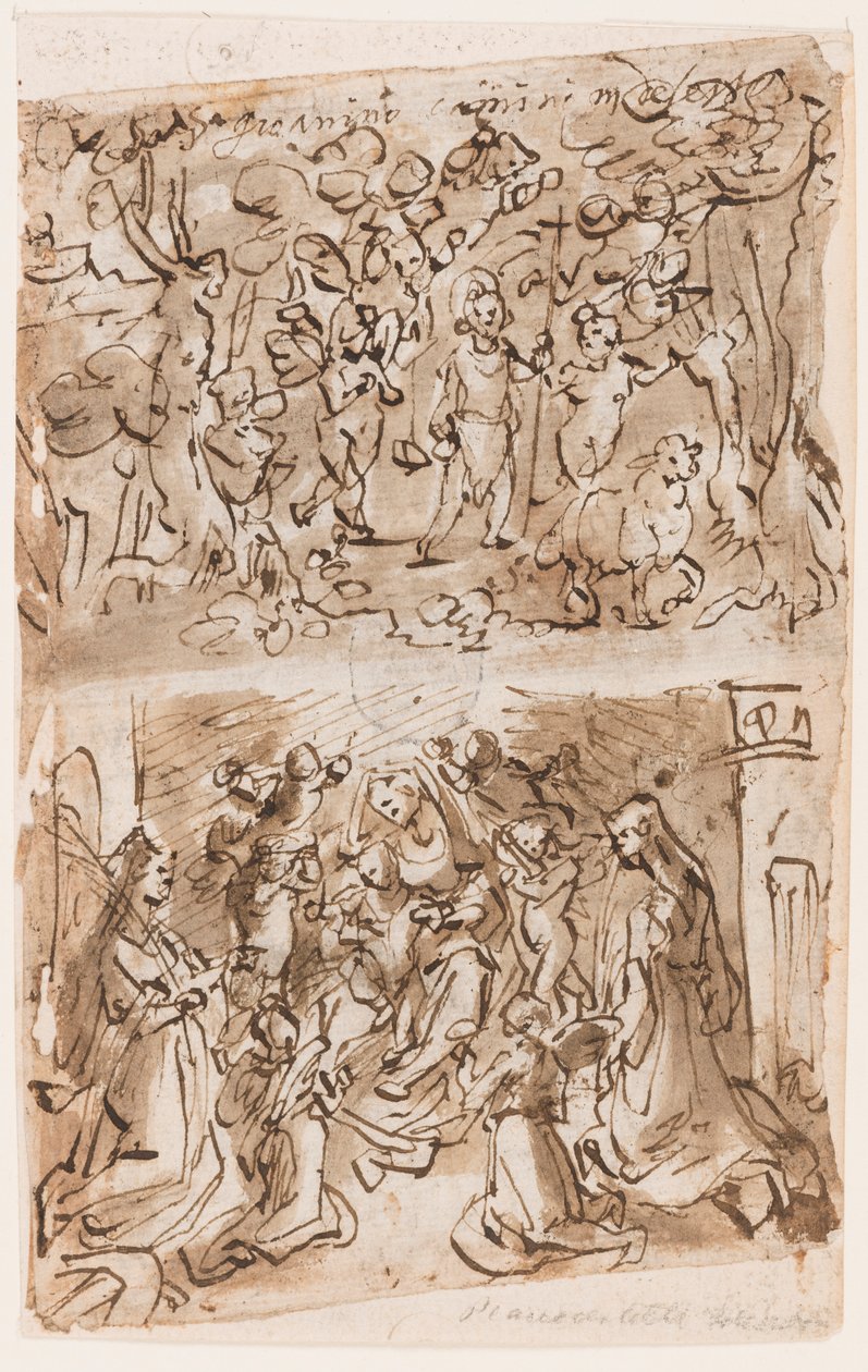 Recto, boven: Jonge St. Johannes de Doper geleid door engelen in de woestijn; Recto, onder: Sacra Conversazione met Sts. Barbara en Catherine; Verso, boven: Kruisiging; Verso, onder: Christus geneest verlamden bij het bad van Bethesda door Jan van der Straet, called Stradanus