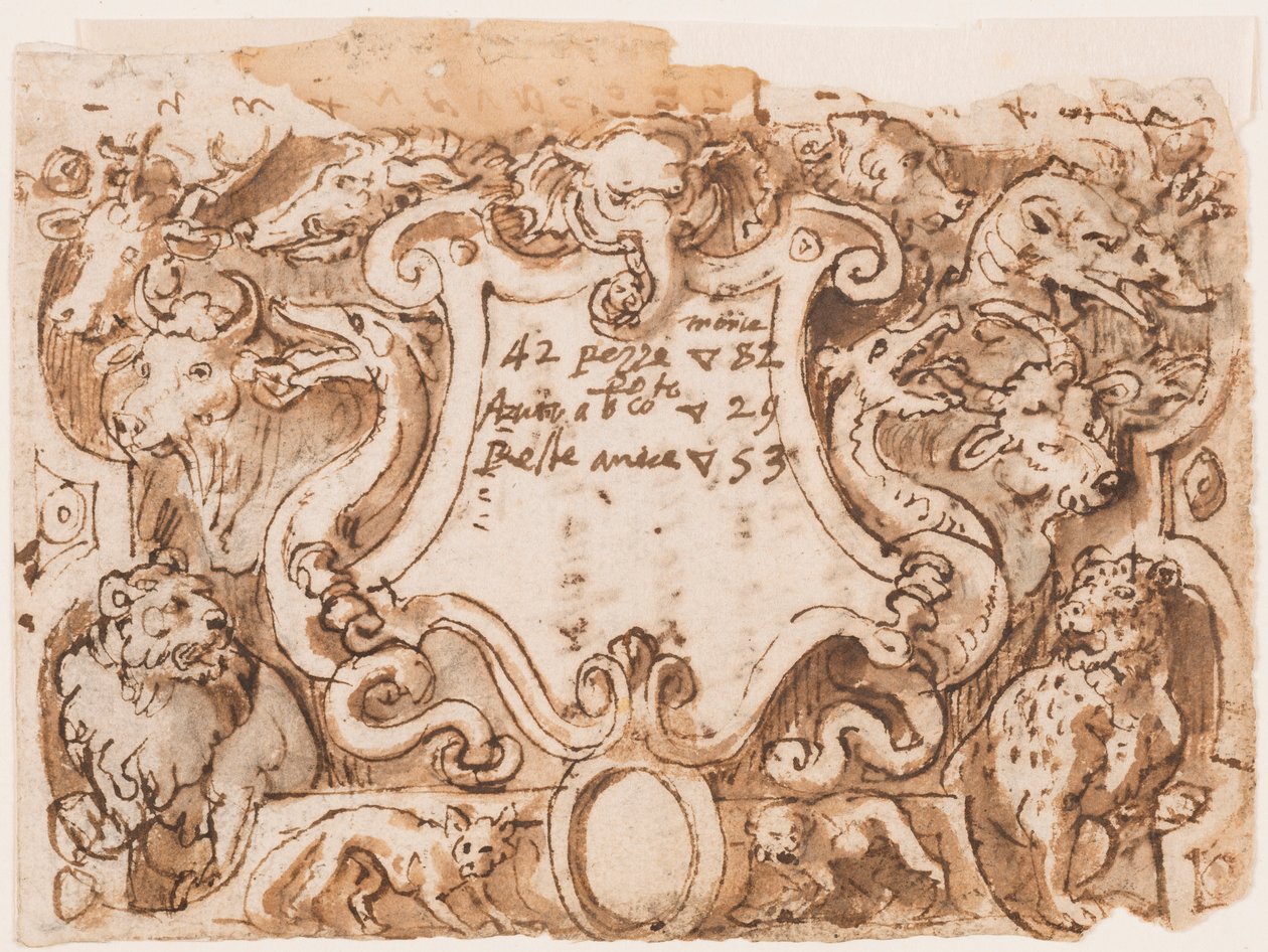 Recto: Voorlopig Ontwerp voor Titelpagina van de Prentserie Venationes Ferarum Arium Piscium; Verso: Aantekeningen door Stradanus over Betalingen aan een Kleermaker door Jan van der Straet, called Stradanus