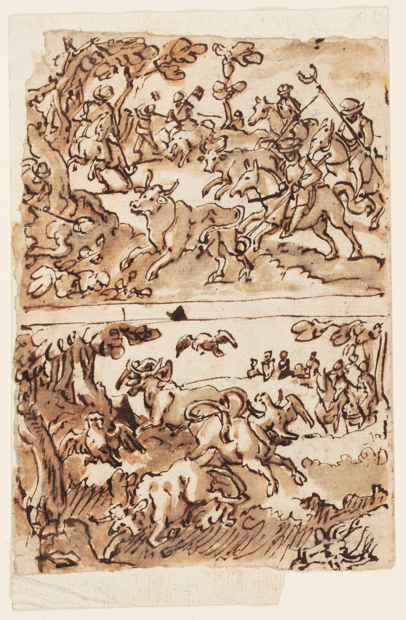 Schetsboekpagina met Stierenjachten door Jan van der Straet, called Stradanus