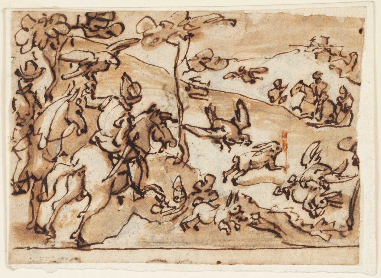 Schetsboekpagina met hazenjacht en valken door Jan van der Straet, called Stradanus