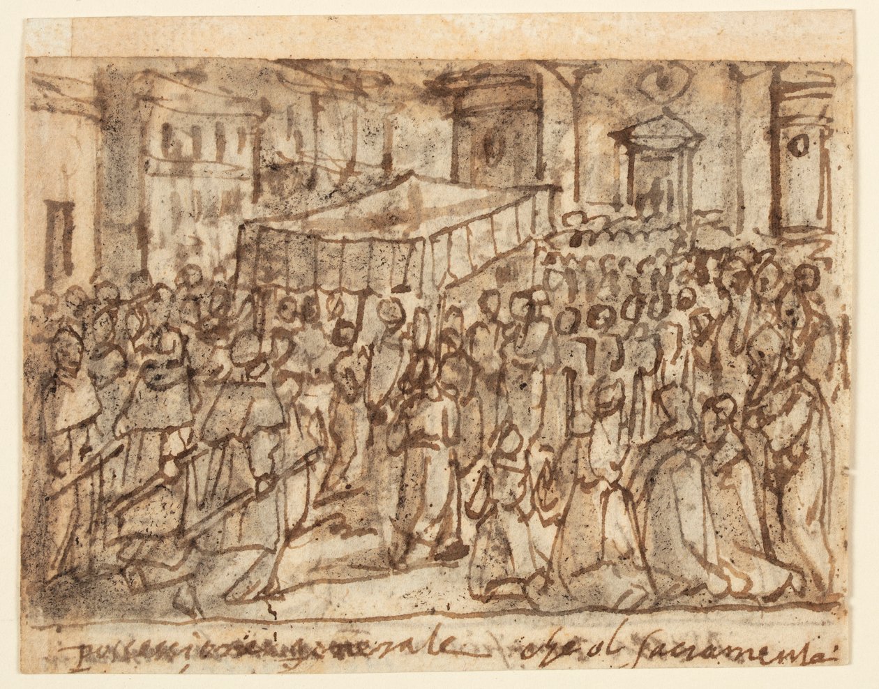 Schetsboekpagina met processie met de hostie en pontificale mis door Jan van der Straet, called Stradanus