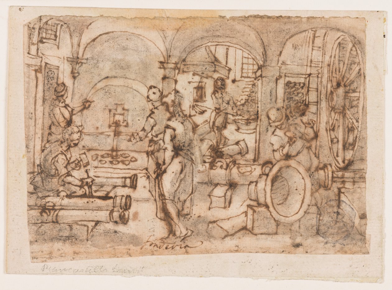 De uitvinding van buskruit, ontwerp voor "Pulvis Pyrius," pl. 3 in de Nova Reperta (Nieuwe uitvindingen van moderne tijden) prentserie door Jan van der Straet, called Stradanus