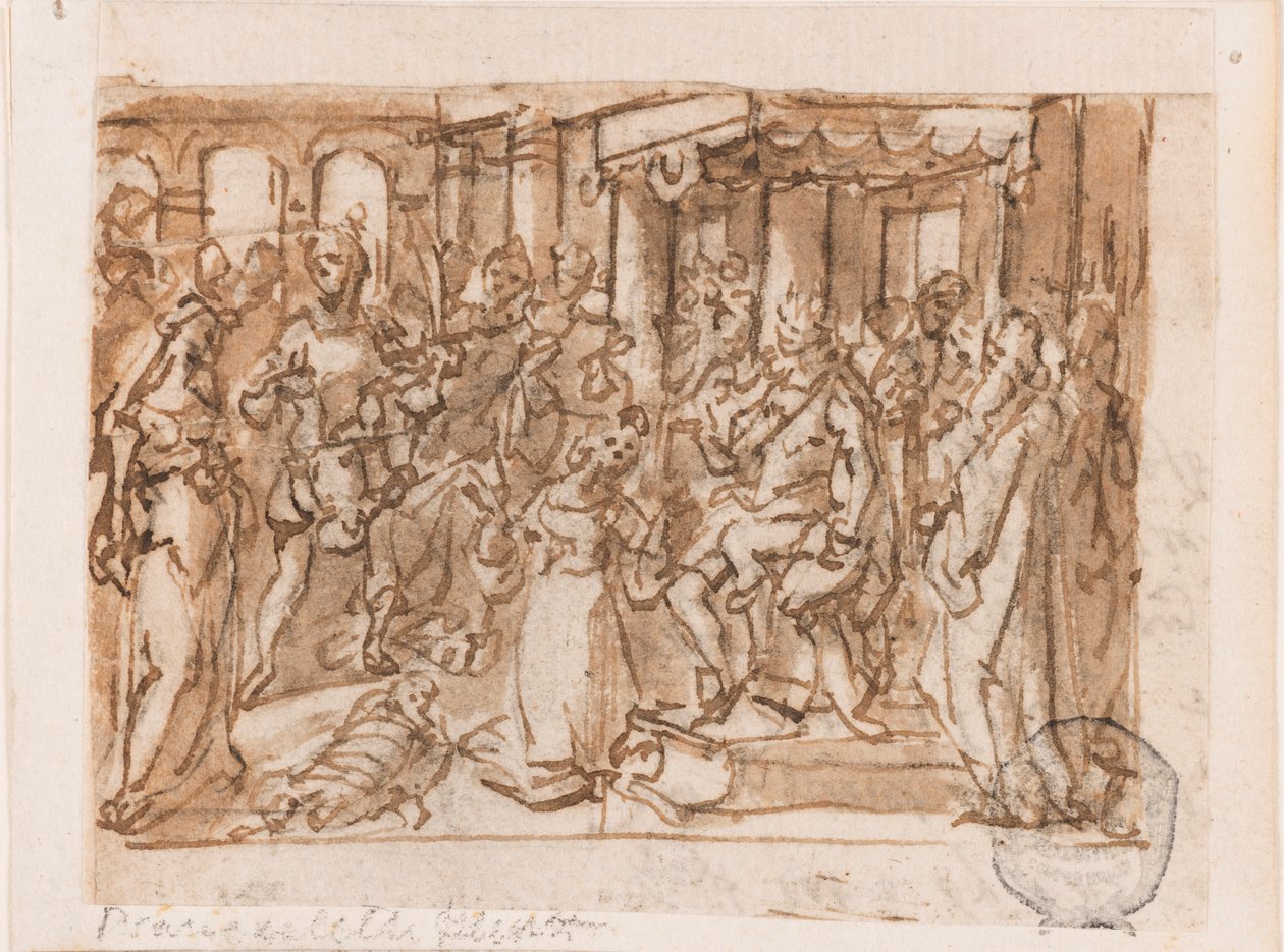 Het oordeel van Salomo, voorlopige ontwerp voor "Spiritus Sapientiae" (De Geest van Wijsheid), plaat 1 in de "Zeven Gaven van de Heilige Geest" prentserie door Jan van der Straet, called Stradanus