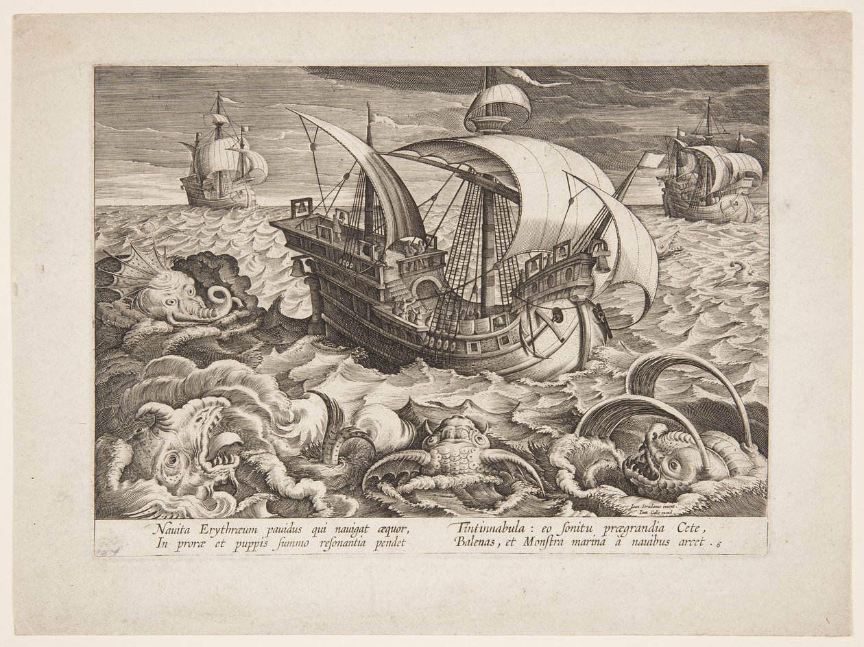 Drie schepen omringd door monsters door Jan van der Straet, called Stradanus