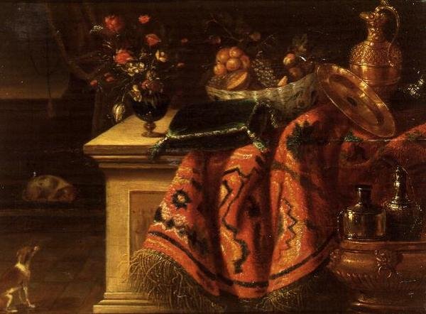 Een stilleven met een vaas bloemen, fruit in een kom, een vergulde zilveren kan en bord & een kussen door Jan van the Elder (follower of) Kessel