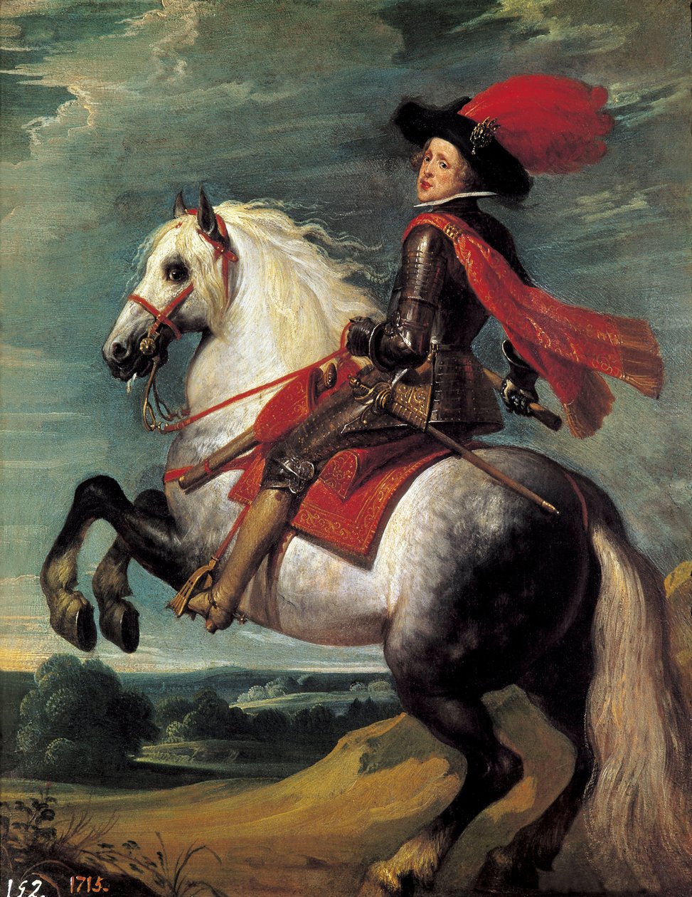 Ruiterportret van Filips IV. Filips IV (1605-1665), koning van Spanje afgebeeld op 20-jarige leeftijd. Schilderij door Jan van Kessel I, genaamd Le Vieux (1626-1679) door Jan van the Elder Kessel