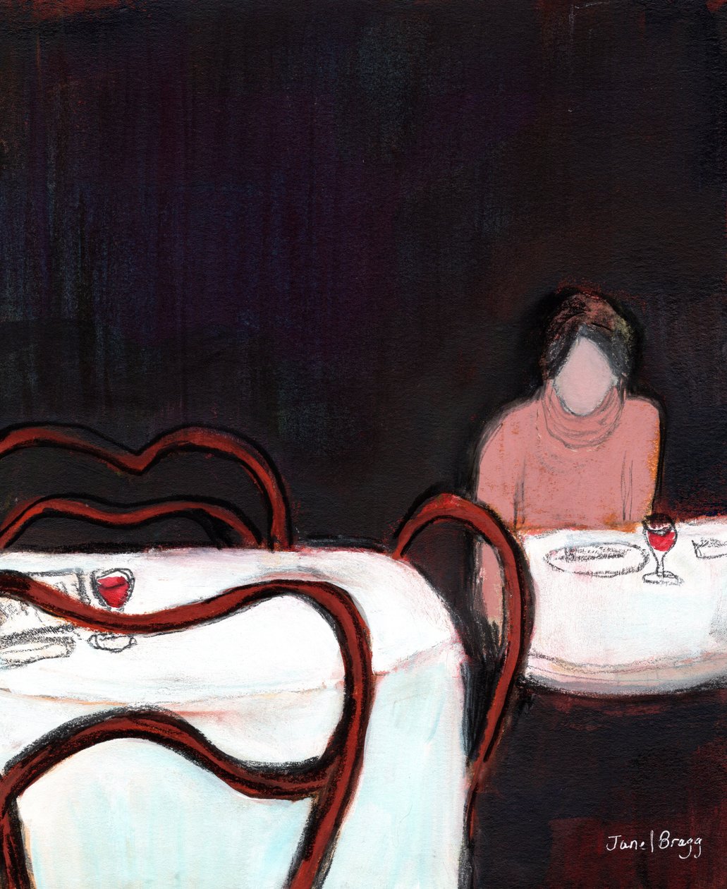 Café Sabarsky Solo Diner, ca. 2024 (gemengde techniek op papier) door Janel Bragg