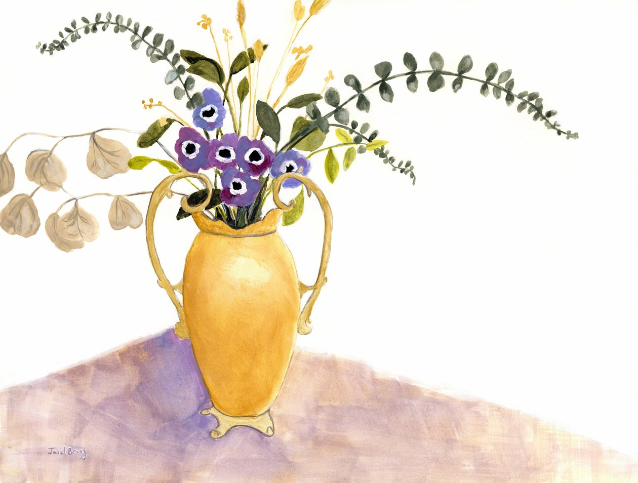 Stilleven met paarse bloemen en Engelse vaas, ca. 2024 (watermedia op papier) door Janel Bragg