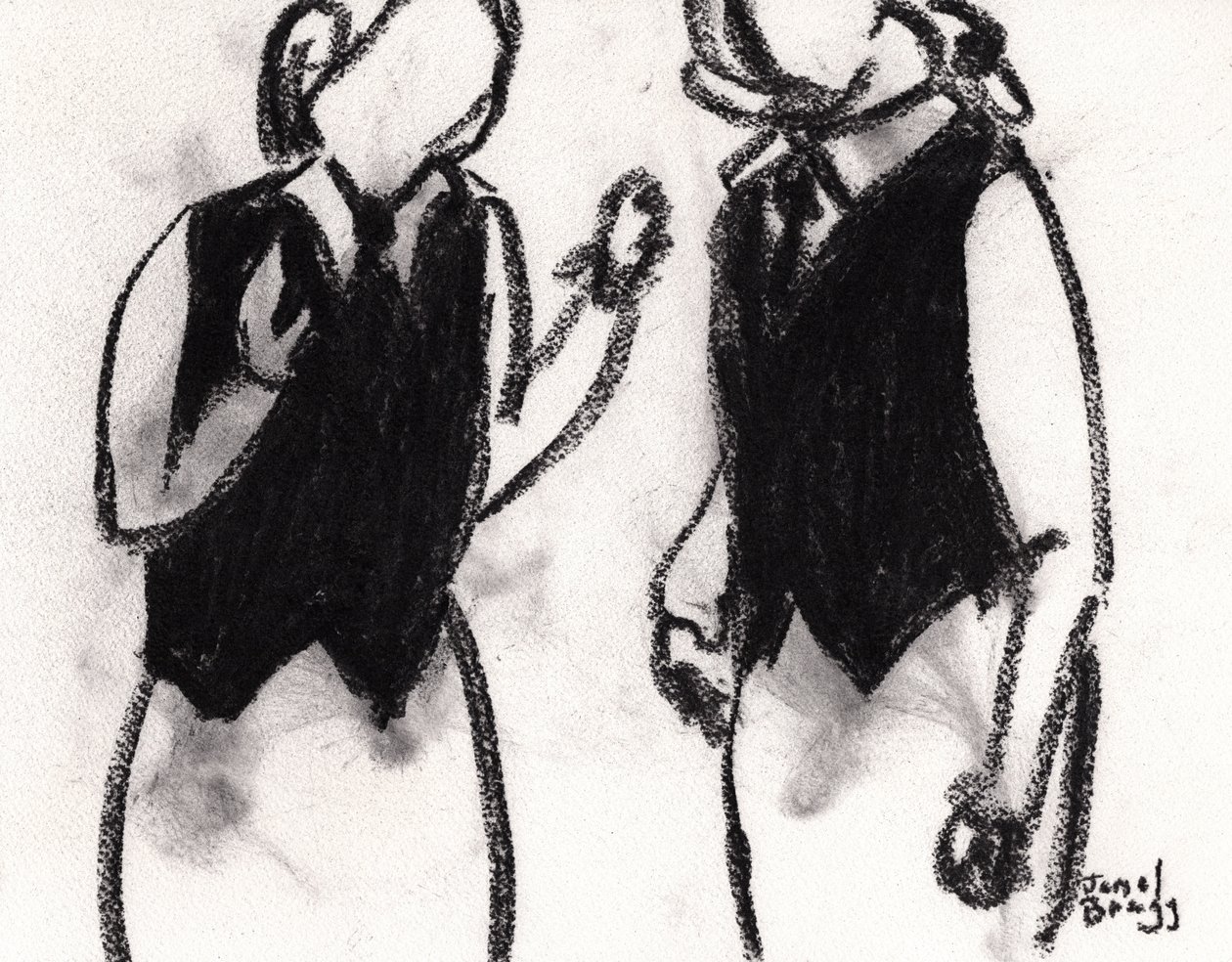 Serveersters in Café Sabarsky ca. 2024 (houtskool op papier) door Janel Bragg
