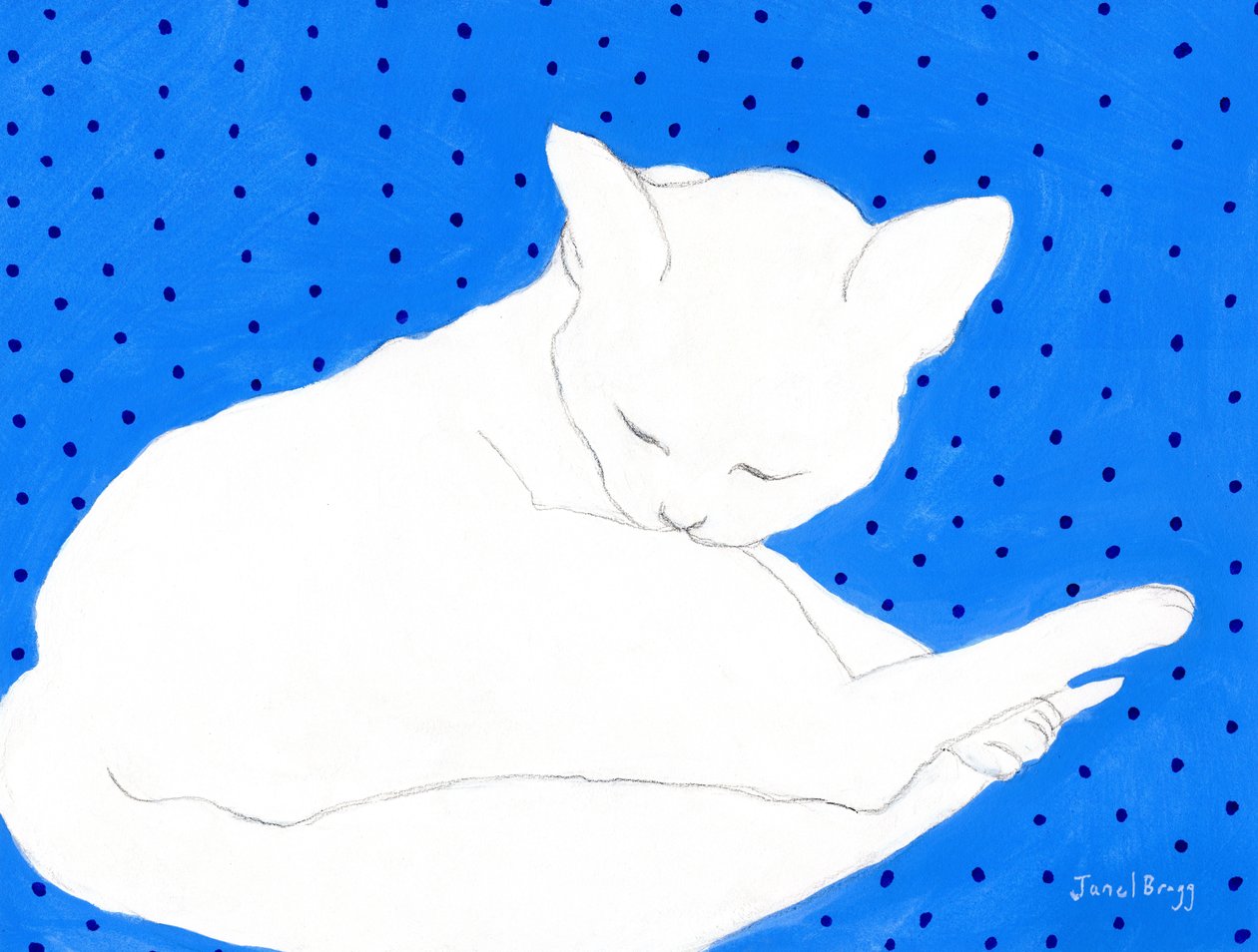 Witte kat op blauw met stippen door Janel Bragg