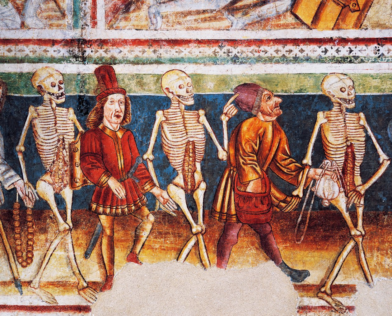 Hrastovlje versterkte kerk, Drievuldigheidskerk, Dood begeleidt koopman en rijke bankier, Dodendans (detail) door Janez Kastav