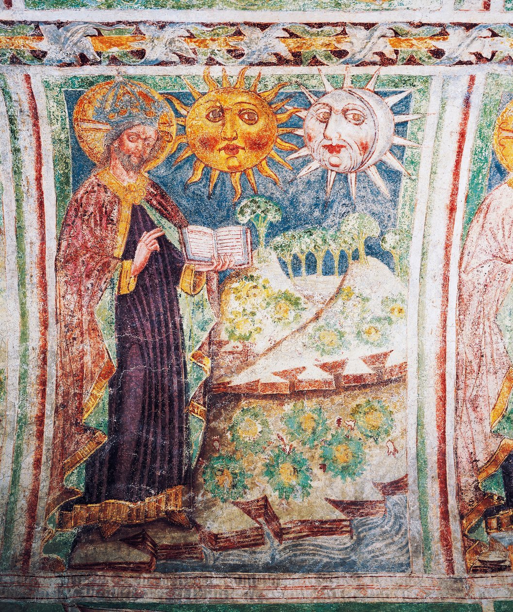 Hrastovlje versterkte kerk, Drievuldigheidskerk, Genesis, God creëert zon, maan en sterren (1490), detail van fresco