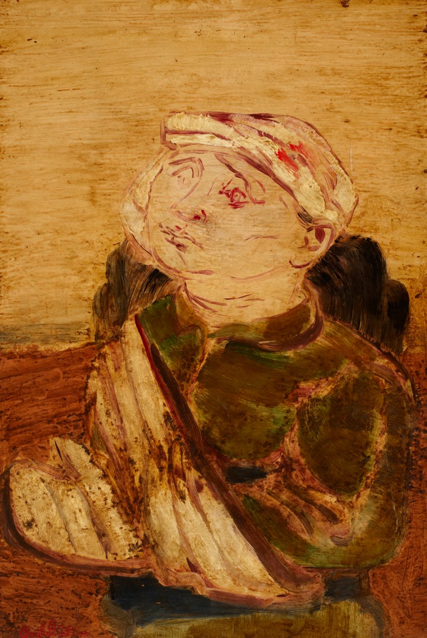 Gewond - Portret van een man met een pet (acryl op papier op board) door Jankel Adler