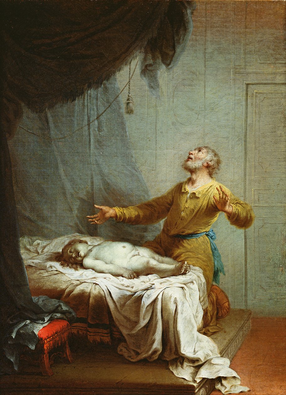 Elia, op zijn knieën, de Heer aanroepend om de zoon van de Sunamitische weduwe te doen herrijzen door Januarius Zick