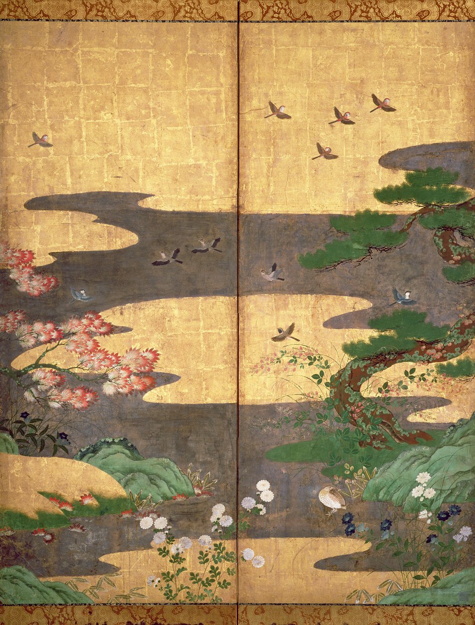 Vogels met herfst- en winterbloemen door Japanese School