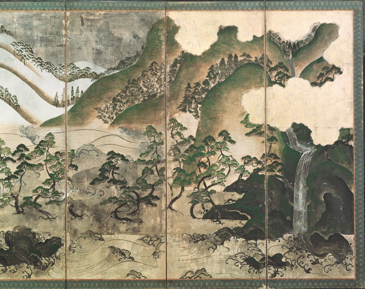 Winterlandschap bij maanlicht, deel van een zesdelig vouwscherm door Japanese School