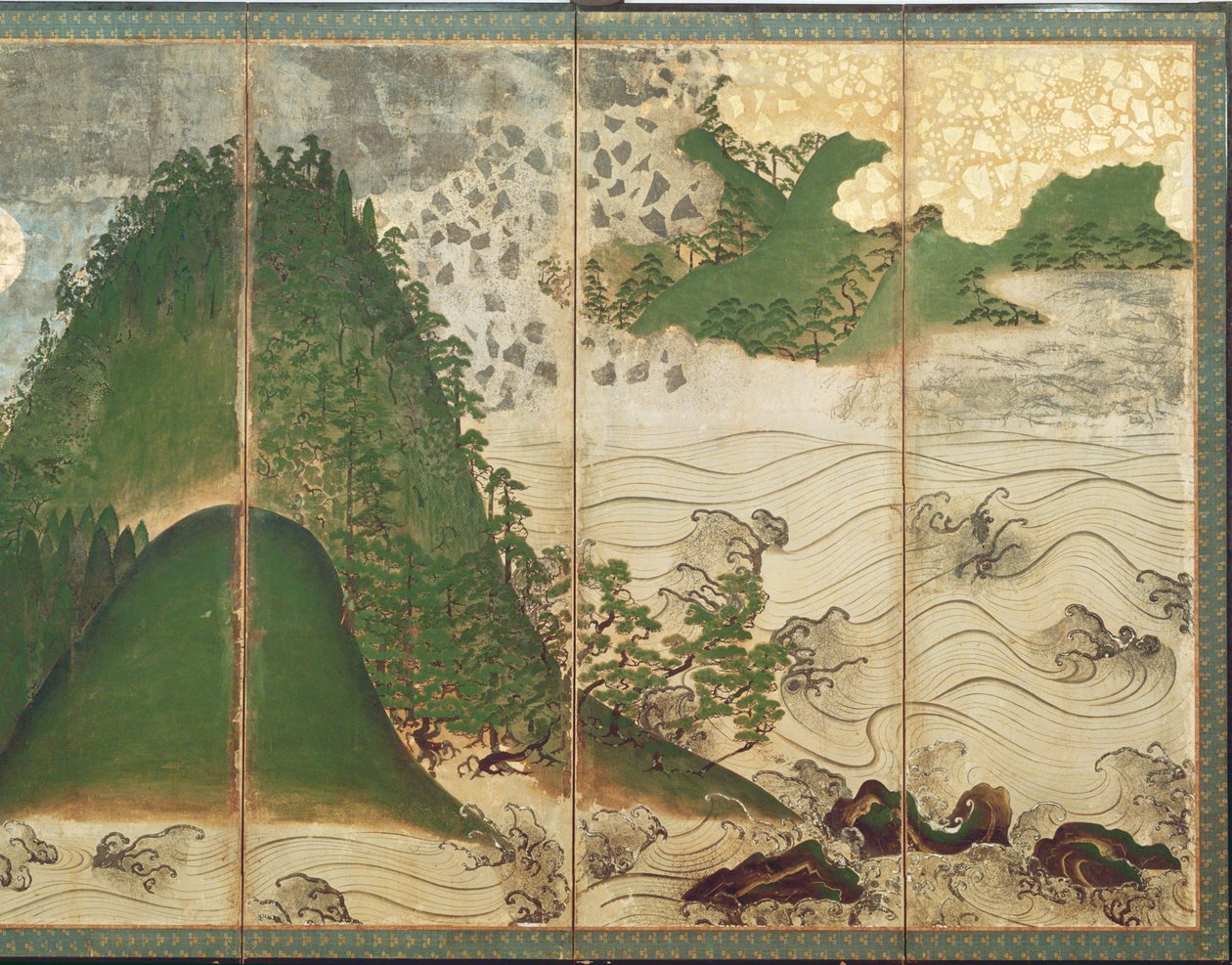Landschap in de lente met zon, deel van een zesdelig vouwscherm door Japanese School