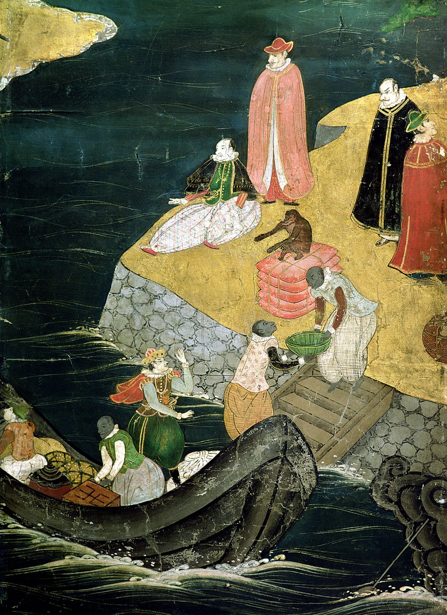 De aankomst van de Portugezen in Japan, detail van het laden van vracht van een Namban Byobu-scherm, 1594-1618 (detail) door Japanese School