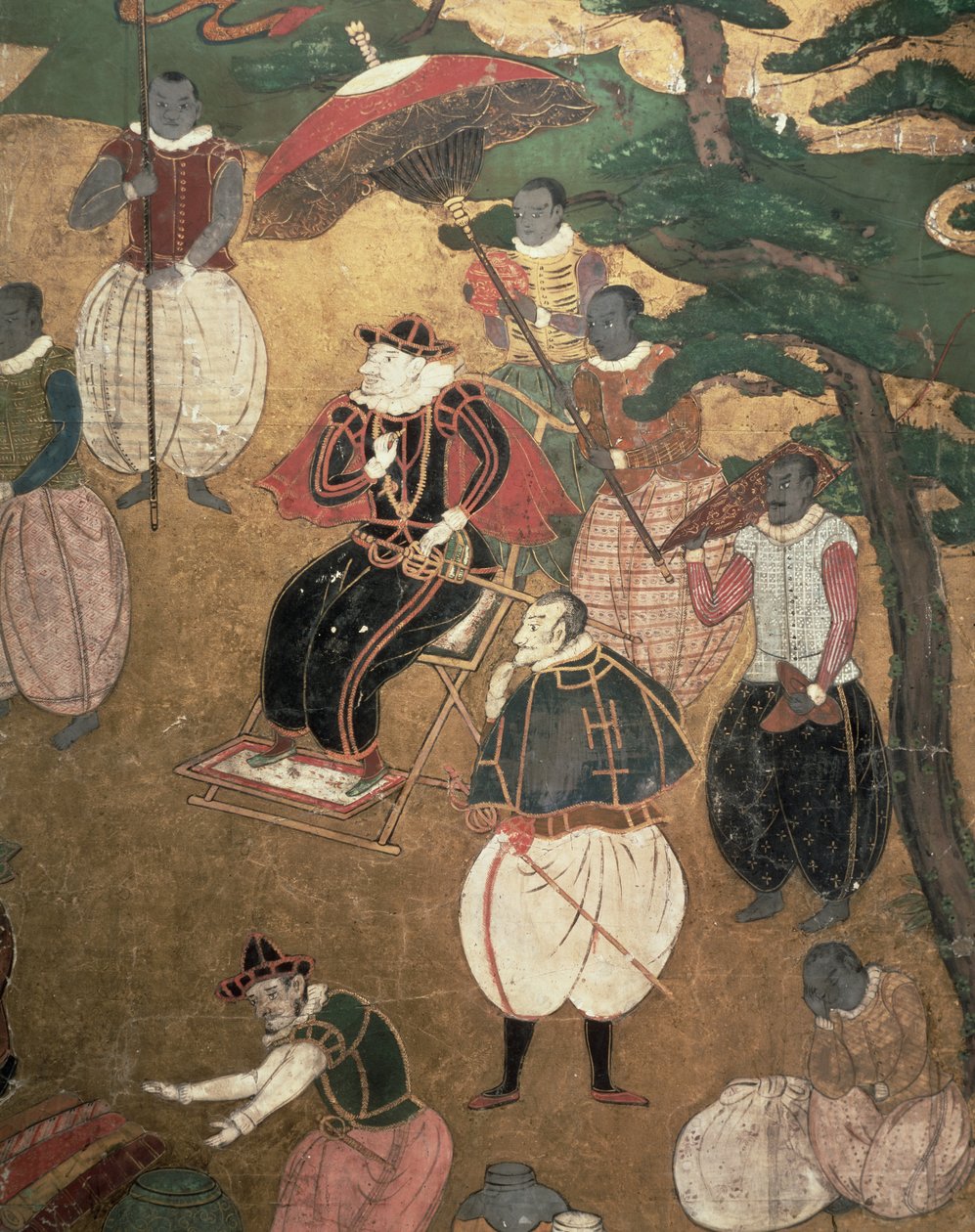 De aankomst van de Portugezen in Japan, detail van de Portugezen die het ontschepen bevelen van een Namban Byobu-scherm, 1594-1618 door Japanese School