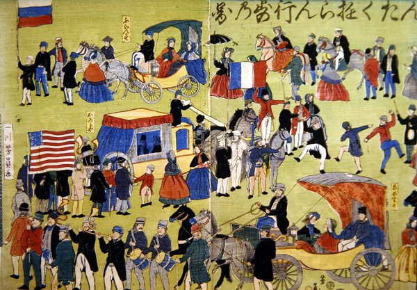 Amerikaanse, Nederlandse en Franse bezoekers arriveren in Yokohama in Japan, ca. 1860 door Japanese School