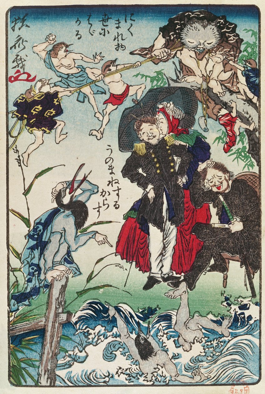 Karikatuur van Japanners in westerse kleding, ca. 1870 door Japanese School