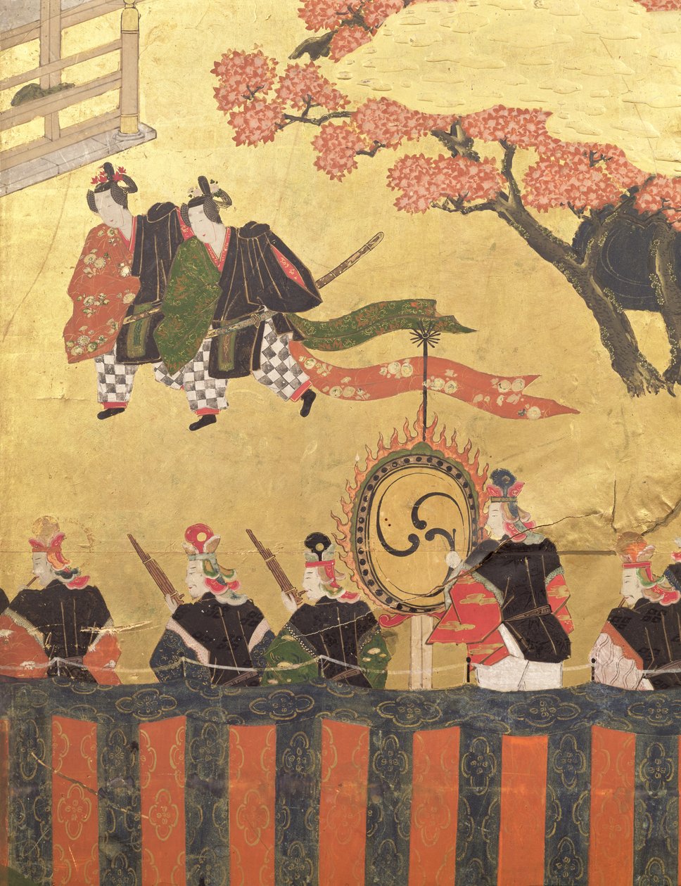 (detail) van een vierbladig scherm met twee hovelingen in kazaritachi en soldaten, Tosa School, Edo-periode door Japanese School