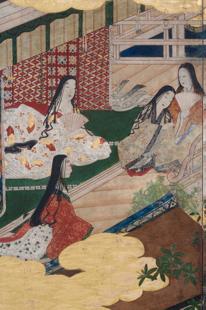 Detail van Lente in het Paleis, zesdelig scherm uit Het Verhaal van Genji, c.1650 (inkt, kleuren & goud op papier) door Japanese School