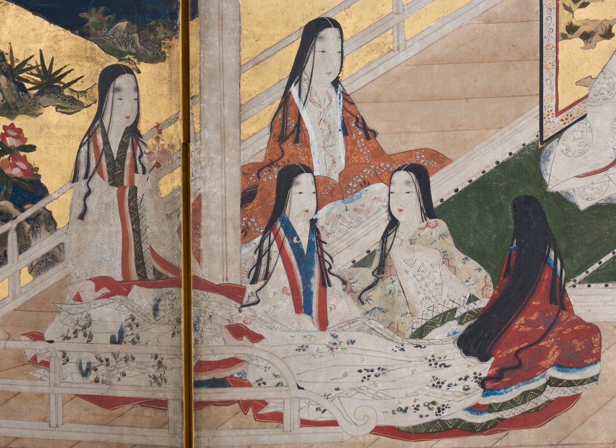 Detail van Lente in het Paleis, zesdelig scherm uit Het Verhaal van Genji, c.1650 (inkt, kleuren & goud op papier) door Japanese School