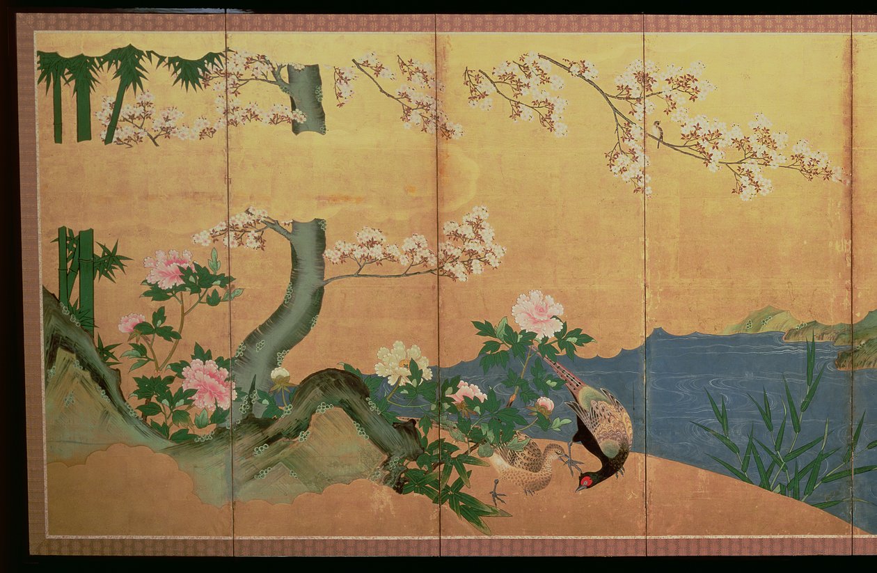Reigers in een stroom met een eiland van irissen, Edo Periode door Japanese School