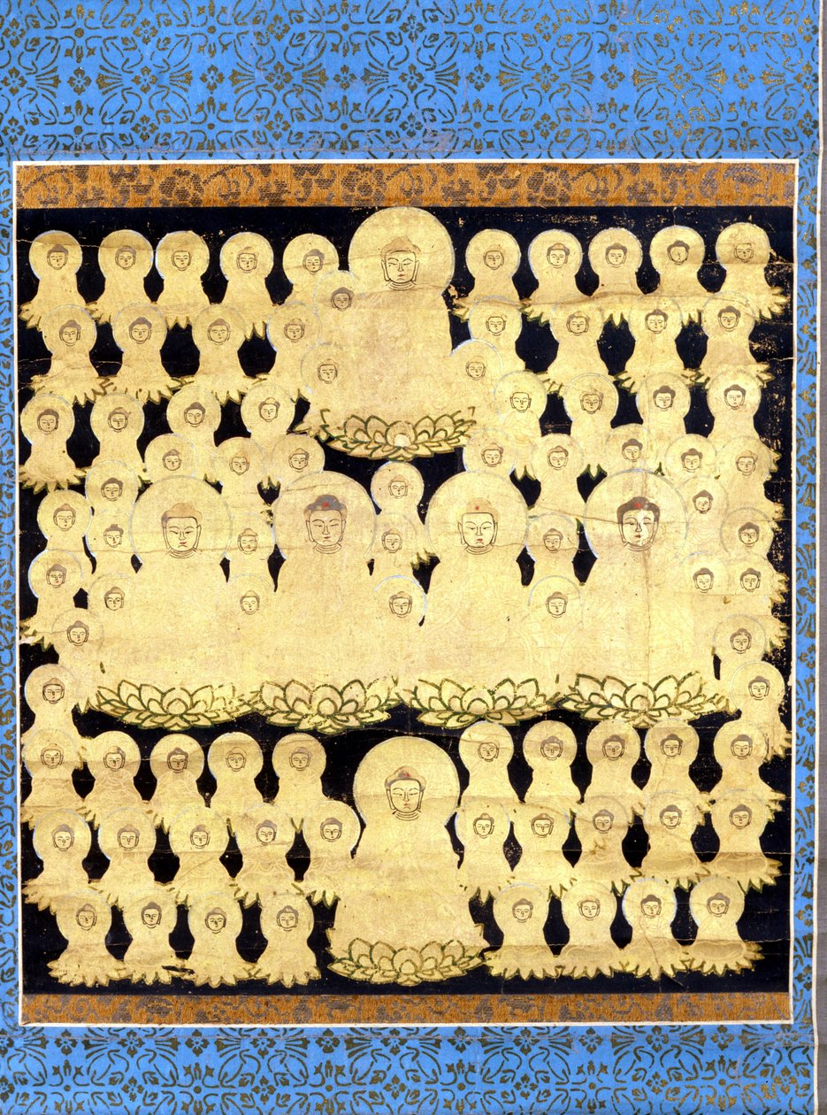 Vijfentachtig voorstellingen van de Japanse Boeddha Amida Bosatsu. Schilderij op doek uit de 17e eeuw. door Japanese School