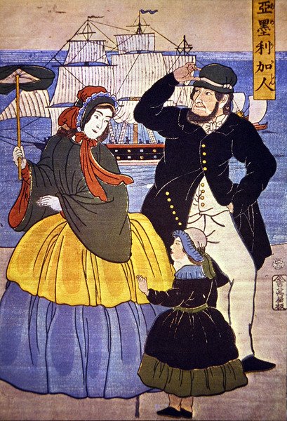 Europese familie aan de havenfront van Yokohama geschilderd door een Japanse kunstenaar in 1861 door Japanese School