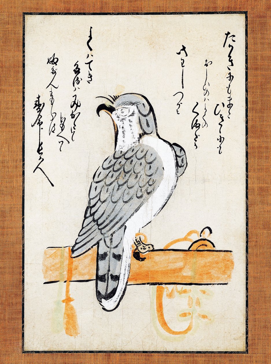 Valk vastgebonden aan baars, illustratie op verticale rol, eind 19e eeuw, inkt en kleur op papier, 43x2,5 cm, Japanse beschaving, Meiji periode door Japanese School