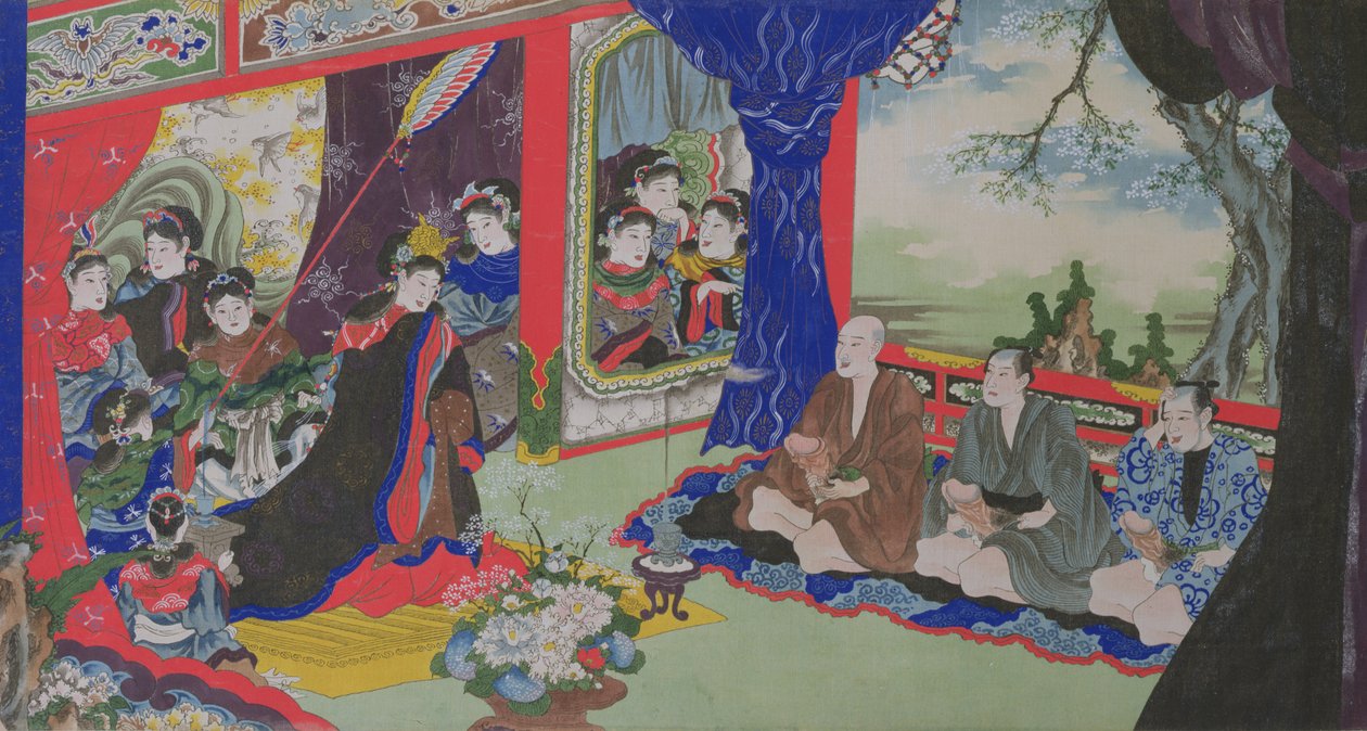 Vissers tonen hun penissen aan de keizerin en haar hof, uit een erotisch verhaal van vissers die schipbreuk lijden op een eiland bewoond door vrouwen (handgekleurde gravure) door Japanese School