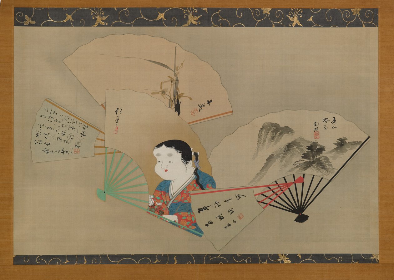 Vijf waaiers, door Sakai Hoitsu, Tani Buncho, Haruki Nanko, Kameda Bosai en Kikuchi Gozan, ca. 1820s door Japanese School