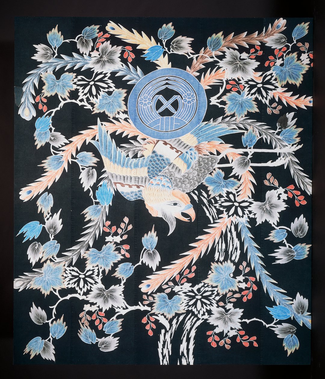 Futonji bedsprei met motieven van feniks, paulownia en narcissen, katoen, geverfd met indigo, pigment en inkt door Japanese School