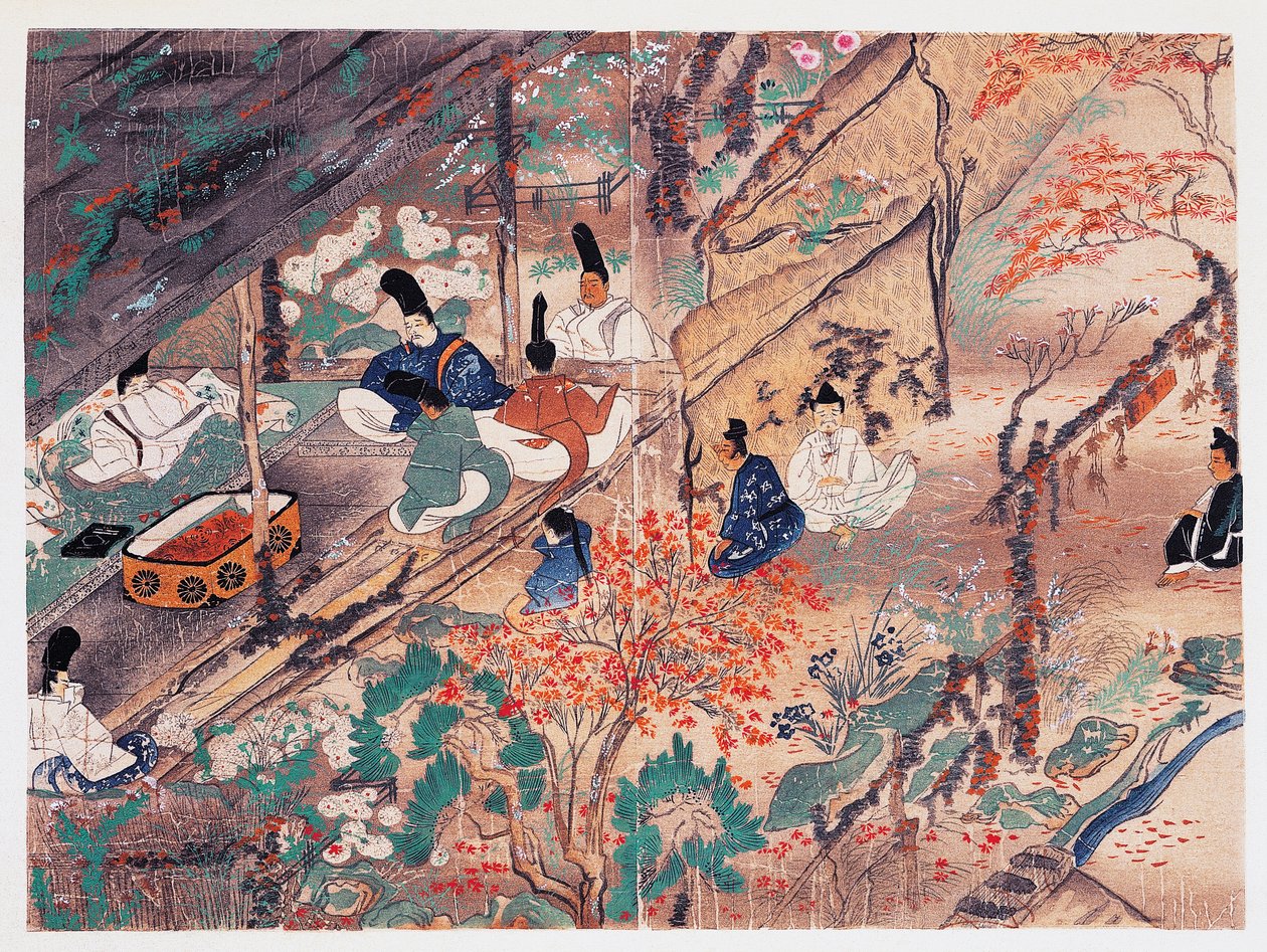 Heian staatsman en dichter Sugawara Michizane, bekend als Tenjin-San, in ballingschap in Kitano Tenman-Gu heiligdom in Kyoto, verdeelt kleding geschonken door voormalig keizer, Kamakura periode, Japan door Japanese School