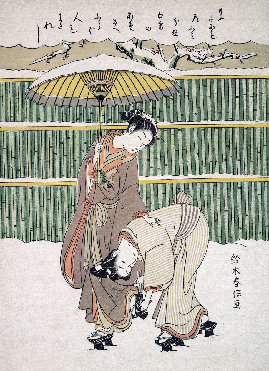 Japanse geliefden wandelen in de sneeuw, gepubliceerd ca. 1768 door Japanese School
