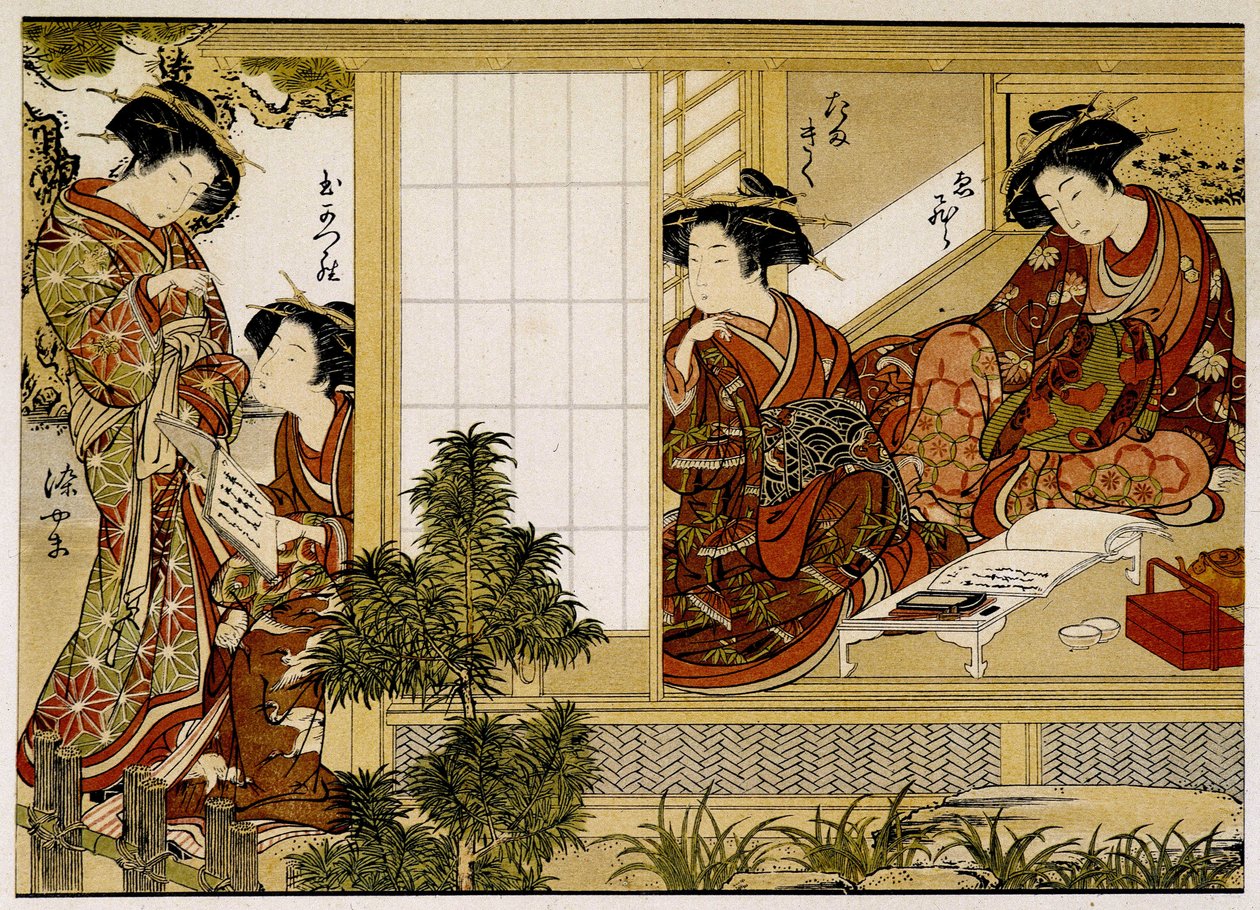 Japanse vrouwen die schrijven en lezen. 18e-eeuwse prent. door Japanese School