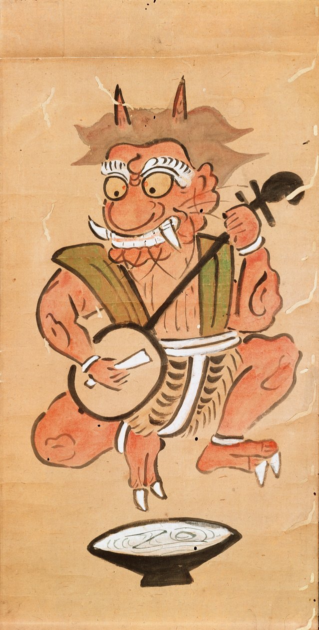 Kakemono met een duivel die de shamisen speelt (inkt en kleur op papieren rol) door Japanese School