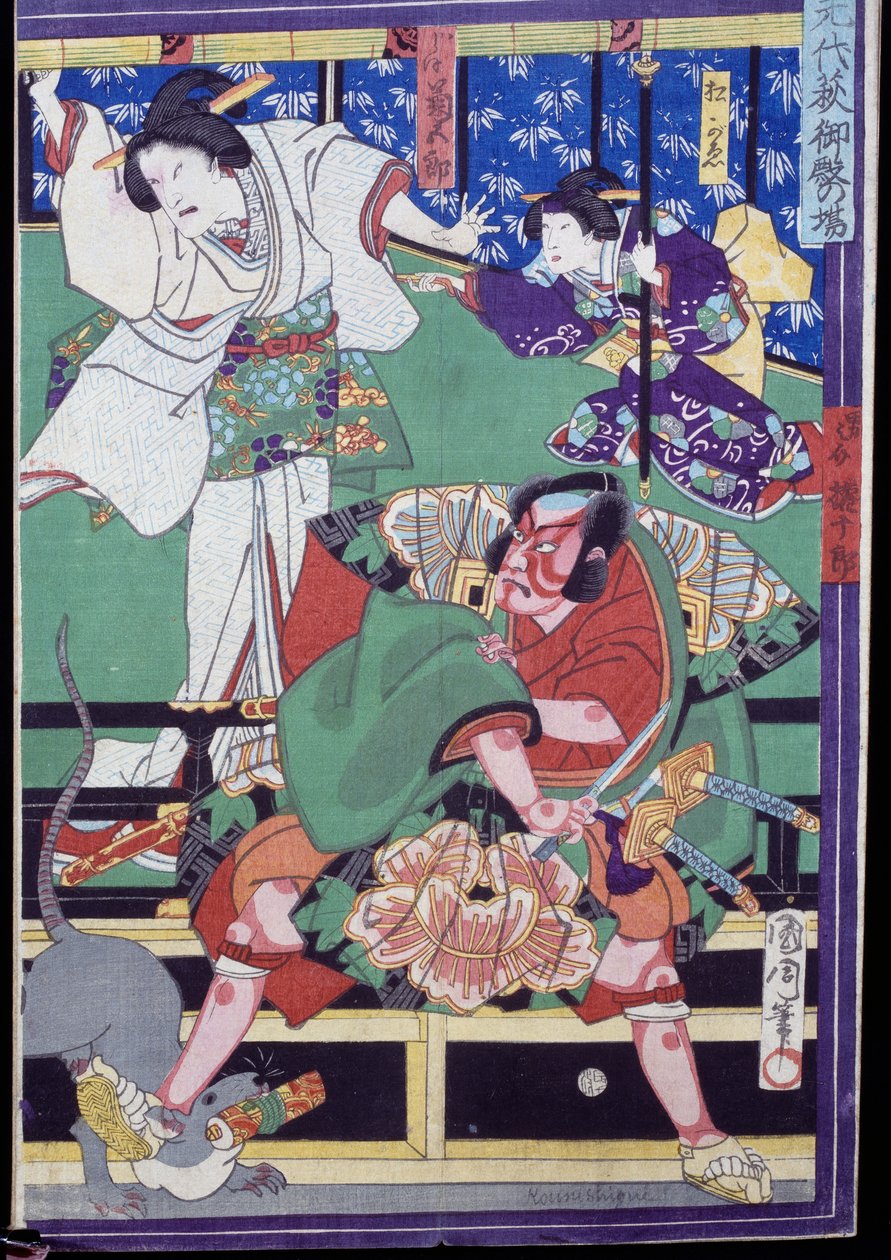 Geliefden besluiten zelfmoord te plegen, Kabuki theaterscène door Japanese School