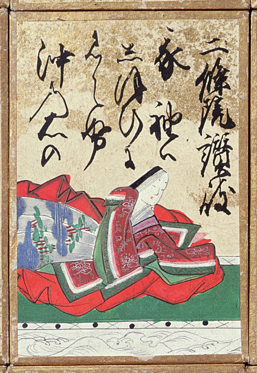 Een van een set speelkaarten met 100 dichters en gedichten, verkocht op de Exposition Universelle in Parijs in 1867 door Japanese School
