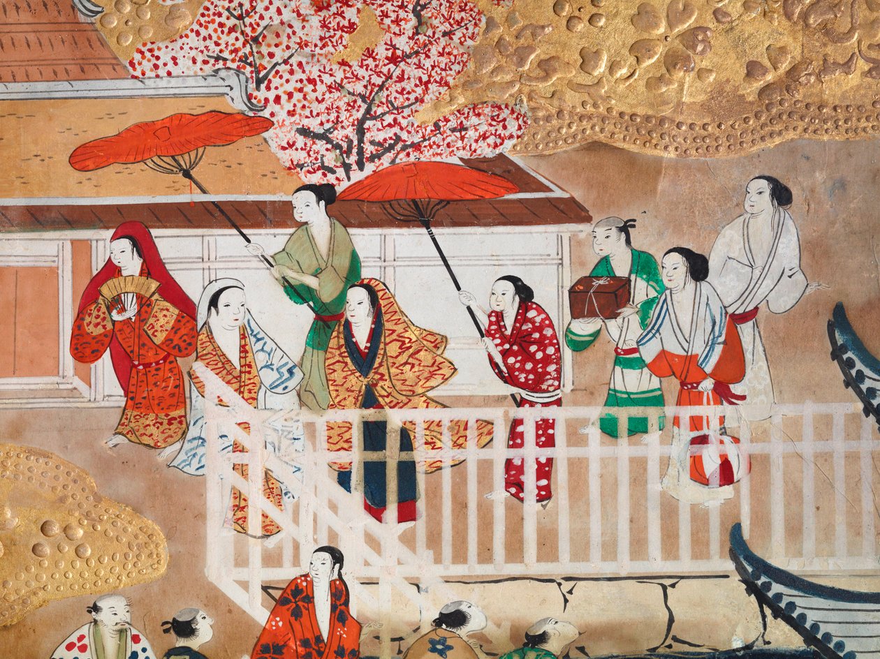 Osakazu Byobu - Japans kamerscherm met acht panelen (schilderij) door Japanese School