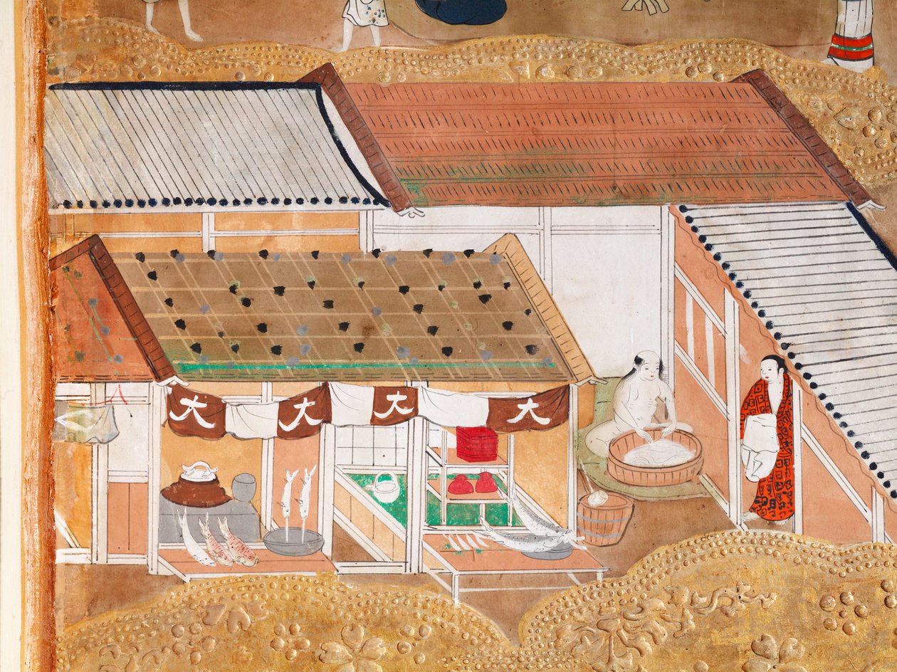 Osakazu Byobu - Japans kamerscherm met acht panelen (schilderij) door Japanese School